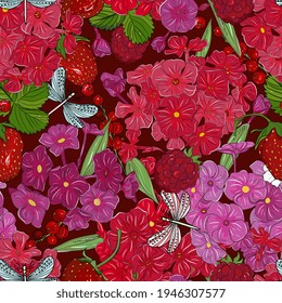patrón sin fisuras de phlox. Fondo veraniego floral. Flores rojas, bayas y libélulas