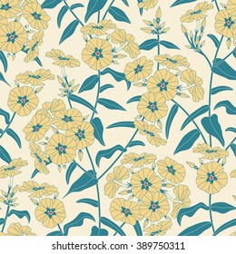 phloxes on a yellow background in seamless pattern