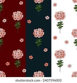  Phloxes. Set of floral seamless pattern. Stylized phloxes with leaves on a color dark background. Can be used for textile.