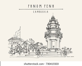 Phnom Penh, Cambodia, Asia. Independence monument Vintage travel sketch. Artistic hand drawn travel postcard in vector