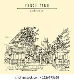 Phnom Penh, Cambodia, Asia. Royal University Of Fine Arts. Travel Sketch. Artistic Vintage Hand Drawn Travel Postcard In Vector