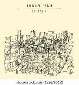 Phnom Penh, Cambodia, Asia. Veal Preah Man park, National museum and skyscrapers on background. Travel sketch. Artistic vintage hand drawn travel postcard or poster in vector