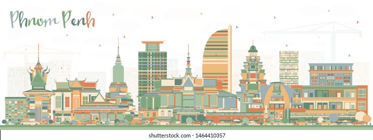 Phnom Penh Cambodia City Skyline with Color Buildings. Vector Illustration. Business Travel and Tourism Concept with Historic Architecture. Phnom Penh Cityscape with Landmarks.