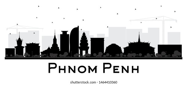 Phnom Penh Cambodia City Skyline Silhouette with Black Buildings Isolated on White. Vector Illustration. Tourism Concept with Historic Architecture. Phnom Penh Cityscape with Landmarks. 