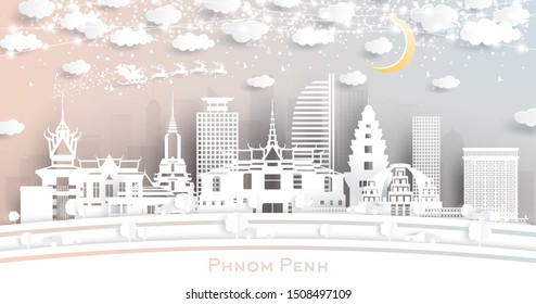 Phnom Penh Cambodia City Skyline in Paper Cut Style with Snowflakes, Moon and Neon Garland. Vector Illustration. Christmas and New Year Concept. Santa Claus on Sleigh. 