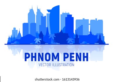 Phnom Penh (Cambodia) city skyline silhouette at white background. Flat vector illustration. Business travel and tourism concept with modern buildings. Image for banner or web site.