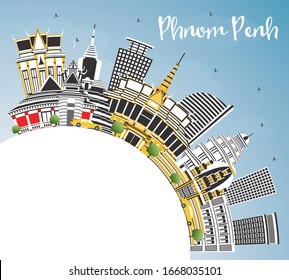 Phnom Penh Cambodia City Skyline with Color Buildings, Blue Sky and Copy Space. Vector Illustration. Travel and Tourism Concept with Historic Architecture. Phnom Penh Cityscape with Landmarks.