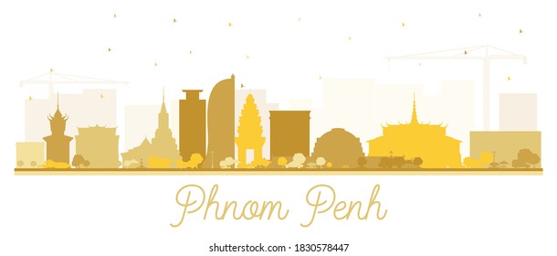 Phnom Penh Cambodia City Skyline Silhouette with Golden Buildings Isolated on White. Vector Illustration. Tourism Concept with Historic Architecture. Phnom Penh Cityscape with Landmarks. 