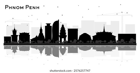 Phnom Penh Cambodia City Skyline Silhouette with Black Buildings and reflections Isolated on White. Vector Illustration. Concept with Historic Architecture. Phnom Penh Cityscape with Landmarks. 