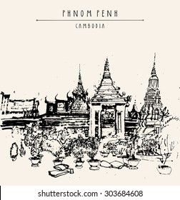 Phnom Penh, Cambodia. Garden and Buddhist temples at Cambodian King's palace. Vector artistic travel postcard with grungy hand drawing and Phnom Penh, Cambodia lettering