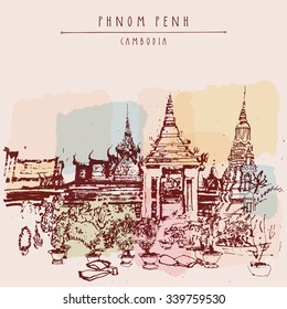 Phnom Penh, Cambodia. Garden and Buddhist temples at Cambodian King's palace. Artistic travel postcard with grungy hand drawing