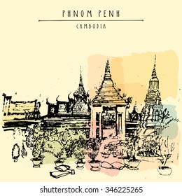 Phnom Penh, Cambodia. Garden and Buddhist temples at Cambodian King's palace. Artistic travel postcard with grungy hand drawing