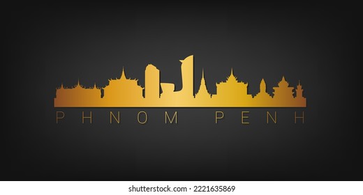Phnom Penh, Cambodia Gold Skyline City Silhouette Vector. Golden Design Luxury Style Icon Symbols. Travel and Tourism Famous Buildings.