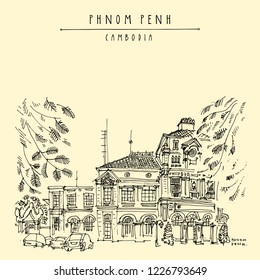 Phnom Penh, Cambodia. Old post office building. French colonial architecture. Historical landmark. Tree branches. Travel sketch. Artistic vintage hand drawn postcard or poster. Vector illustration