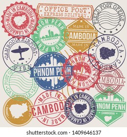 Phnom Penh Cambodia Set of Stamps. Travel Stamp. Made In Product. Design Seals Old Style Insignia.