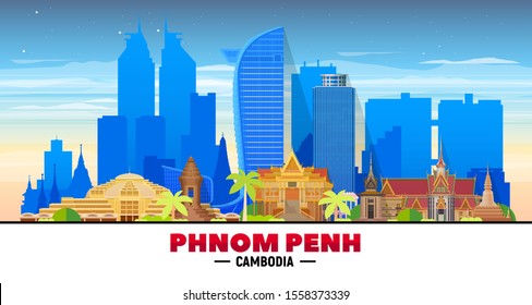 Phnom Penh (Cambodia) skyline at white background. Flat vector illustration. Business travel and tourism concept with modern buildings. Image for banner or web site.