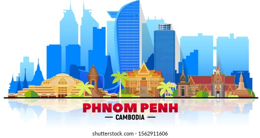 Phnom Penh (Cambodia) skyline at white background. Flat vector illustration. Business travel and tourism concept with modern buildings. Image for banner or web site.