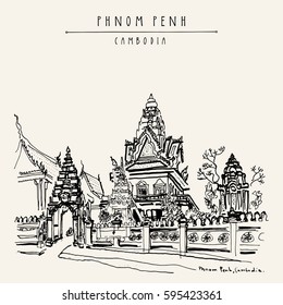 Phnom Penh, Cambodia. Wat Ounalom, main Cambodian Buddhist temple. Artistic hand drawn travel postcard in vector