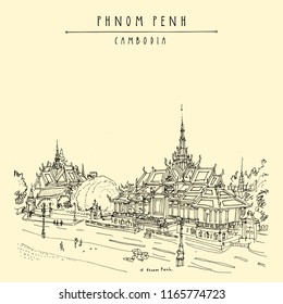 Phnom Penh cityscape, Cambodia, Southeast Asia.  Royal Palace and Silver Pagoda. National treasure, historical landmark. Artistic hand drawn travel postcard or poster. Vector illustration