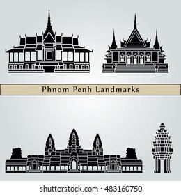 Phnom Penh landmarks and monuments isolated on blue background in editable vector file