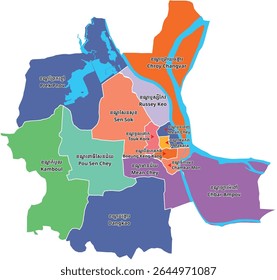 Mapa de Phnom Penh, O mapa da capital do Camboja, Phnom Penh. O mapa mostra a cor de cada distrito com o nome separadamente.
