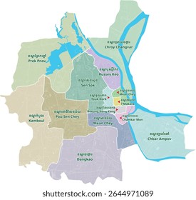 Mapa de Phnom Penh, O mapa da capital do Camboja, Phnom Penh. O mapa mostra a cor de cada distrito com o nome separadamente.