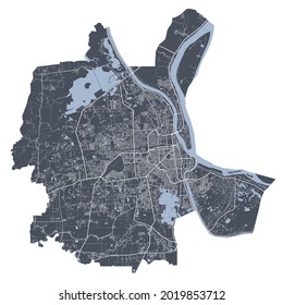 Phnom Penh map. Detailed vector map of Phnom Penh city administrative area. Cityscape poster metropolitan aria view. Dark land with white streets, roads and avenues. White background.