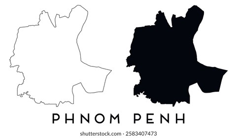 Phnom Penh map outline and black silhouette vector