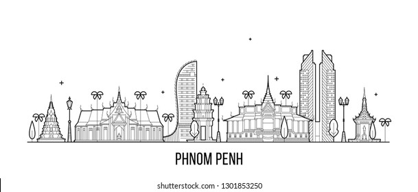 Phnom Penh skyline, Cambodia. This illustration represents the city with its most notable buildings. Vector is fully editable, every object is holistic and movable