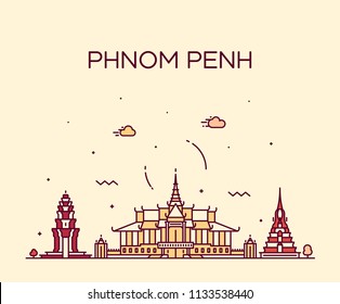 Phnom Penh skyline, Cambodia. Trendy vector illustration, linear style