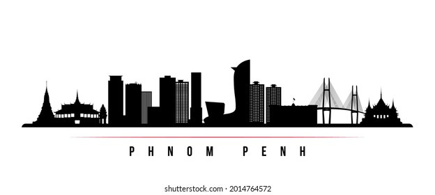 Phnom Penh skyline horizontal banner. Black and white silhouette of Phnom Penh, Cambodia. Vector template for your design. 