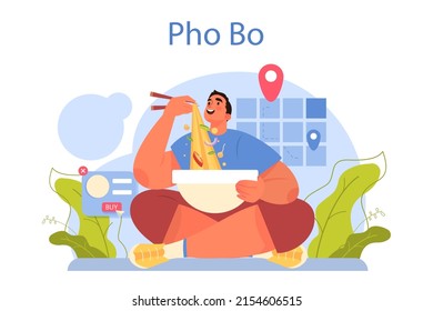 Pho bo concept. Vietnamese soup in a bowl. Traditional spicy meal with noodles, broth and meat. Dish with lime eating with chopstick. Flat vector illustration