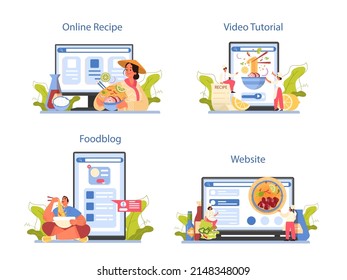 Pho bo Online Service oder Plattform Set. Vietnamesische Suppe in einer Schüssel. Traditionelle würzige Mahlzeit mit Nudeln, Brot und Fleisch. Online-Rezept, Video-Tutorial, Food-Blog, Website. Flache Vektorgrafik