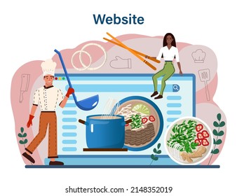 Pho bo online service or platform. Vietnamese soup in a bowl. Traditional spicy meal with noodles, broth and meat. Website. Flat vector illustration