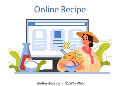 Pho bo online service or platform. Vietnamese soup in a bowl. Traditional spicy meal with noodles, broth and meat. Online recipe. Flat vector illustration