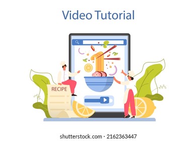 Servicio o plataforma en línea Pho bo. Sopa vietnamita en un bol. Comida tradicional picante con fideos, caldo y carne. Tutorial de vídeo. Ilustración vectorial plana