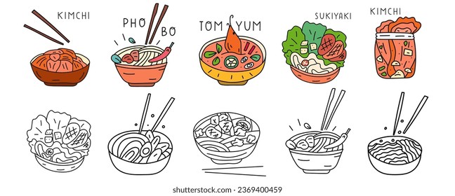 Pho bo, ramen, sukiyaki, tom yum, kimchi. Flat and outline design. Icons. Collection of hand drawn vector illustrations. 