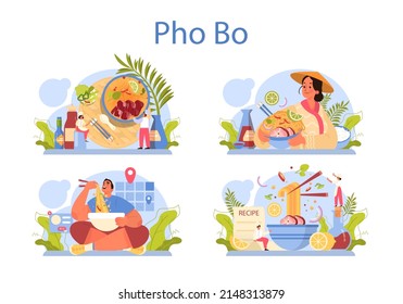 Pho bo set. Vietnamese soup in a bowl. Traditional spicy meal with noodles, broth and meat. Dish with lime eating with chopstick. Flat vector illustration