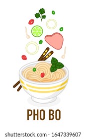 Pho bo soup in a bowl with ingredients. Traditional spicy vietnamese meal with noodles and broth on white background. Colourful vector illustration