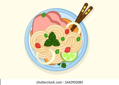 Pho bo soup in a bowl. Traditional spicy vietnamese meal with noodles and broth. Plate with lime and chopstick on beige background. Colourful vector illustration