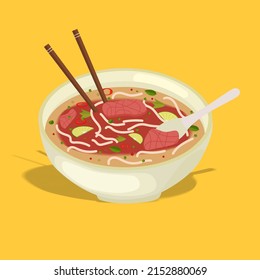 Pho bo soup in a bowl. Traditional spicy vietnamese meal with noodles and broth. Plate with lime and chopstick on white background. Colourful vector illustration