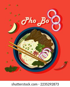 Pho Bo tradidion vietnamese soup. Asian cuisine clipart, noodles, beef, lime, onion, spices banner for restaurant, cafe, diner menu, signboard, advertising
