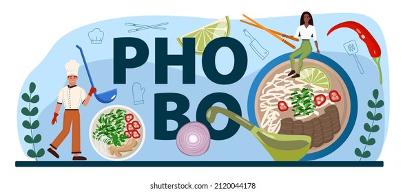 Pho bo typographic header. Vietnamese soup in a bowl. Traditional spicy meal with noodles, broth and meat. Dish with lime eating with chopstick. Flat vector illustration