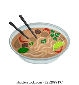 Pho bo is Vietnamese light soup with rice noodles, meat, and vegetables. Asian traditional cuisine. Vector illustration. Cartoon.