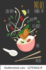 Pho Bo. Vietnamese Pho, Rice Noodle Soup With Sliced Rare Beef. Vector Illustration