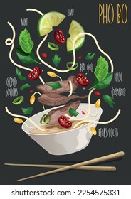 Pho Bo. Vietnamese rice noodle soup. Vector illustration