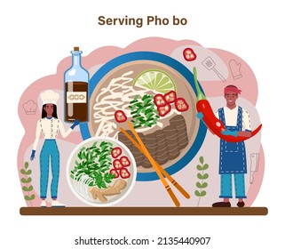 Pho bo. Vietnamese soup in a bowl. Traditional spicy meal with noodles, broth and meat. Dish with lime eating with chopstick. Flat vector illustration