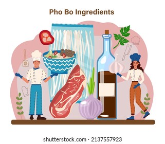 Pho bo. Vietnamese soup in a bowl. Traditional spicy meal with noodles, broth and meat. Dish with lime eating with chopstick. Flat vector illustration