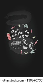 Pho Bo vietnamese traditional beef soup. Vietnam cuisine. Vector illustration. Dark background.