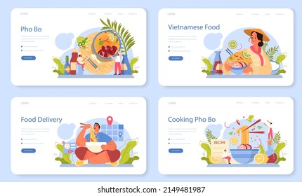 Banner web o página de inicio de Pho bo. Sopa vietnamita en un bol. Comida tradicional picante con fideos, caldo y carne. Plato con cal comiendo con palillos. Ilustración vectorial plana